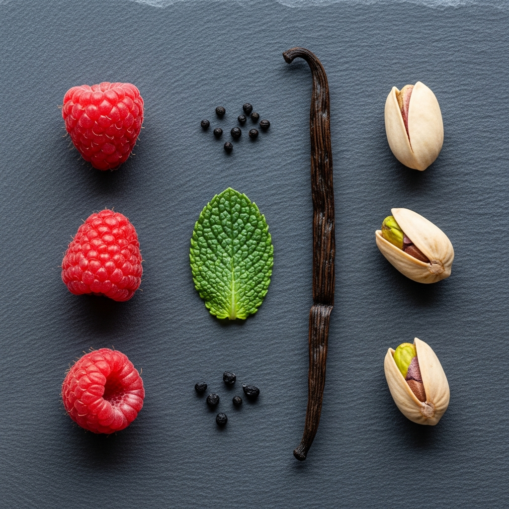 Pristine, natural ingredients like vanilla beans, pistachios, and raspberries